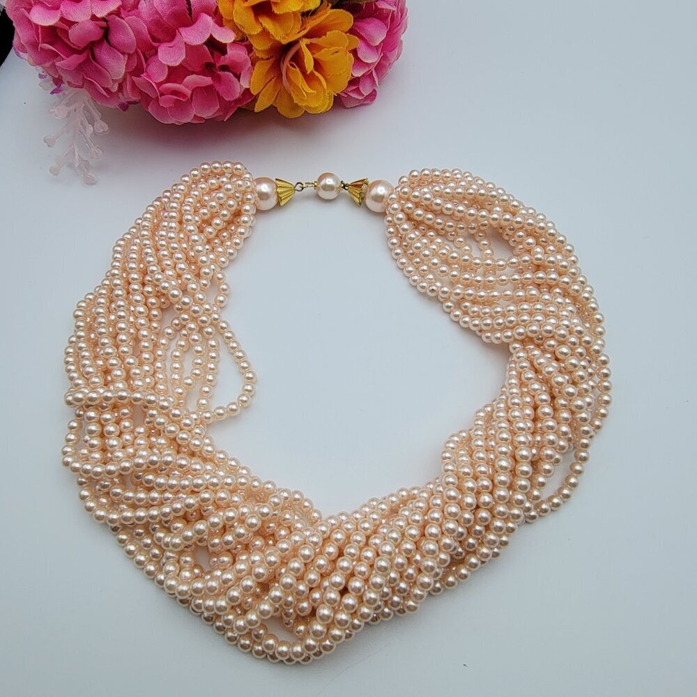 Multi Strand Pink Faux Pearl Torsade Necklace 18 Inch Gold Tone Pin Clasp